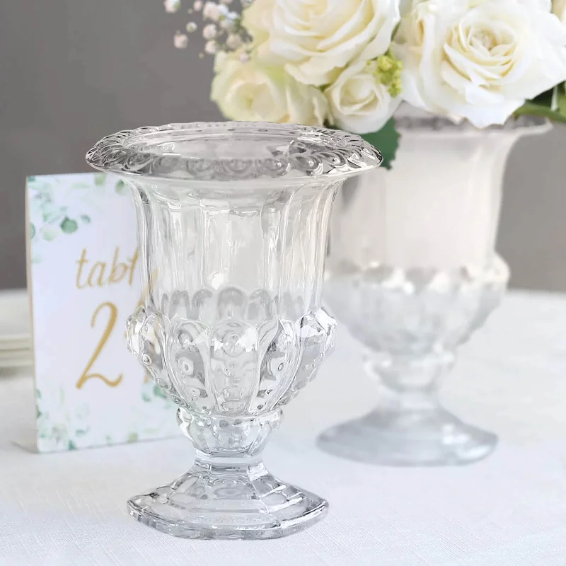 retro iron wall sign-2 Pack Clear Glass Flower Vases in Classic Roman Urn Style, Mini Pedestal Vase Table Centerpieces - 8"