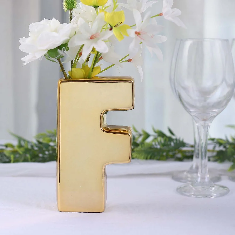 textured linen cushion-Shiny Gold Plated Ceramic Letter "F" Sculpture Flower Vase, Bud Planter Pot Table Centerpiece 6"