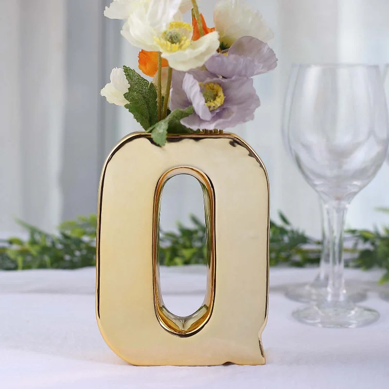 plush faux fur cushion-Shiny Gold Plated Ceramic Letter "Q" Sculpture Flower Vase, Bud Planter Pot Table Centerpiece 6"