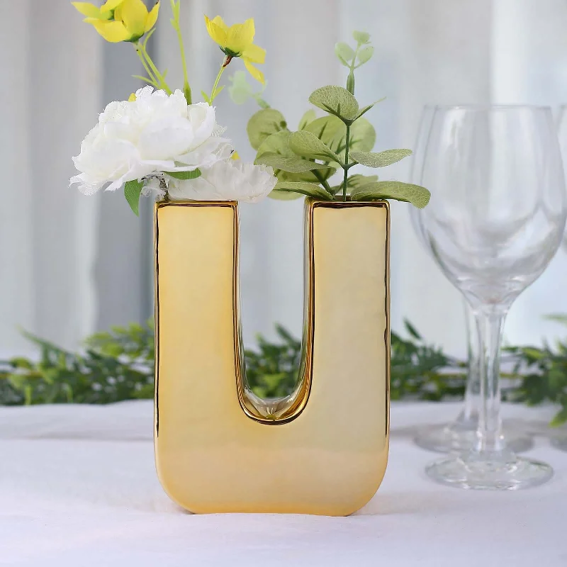 rustic oak wall sign-Shiny Gold Plated Ceramic Letter "U" Sculpture Flower Vase, Bud Planter Pot Table Centerpiece 6"