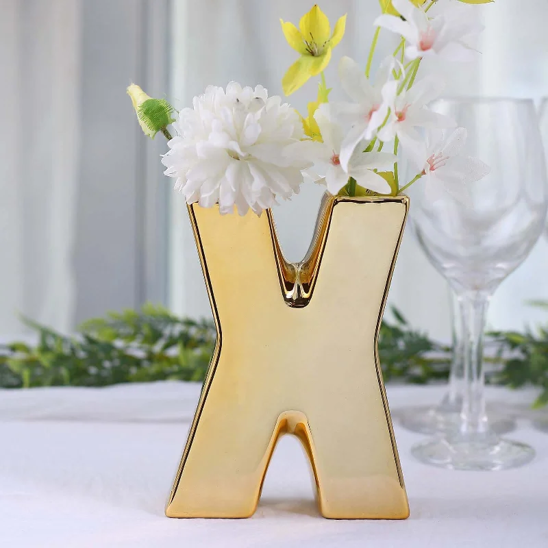 vintage iron table lamp-Shiny Gold Plated Ceramic Letter "X" Sculpture Flower Vase, Bud Planter Pot Table Centerpiece 6"