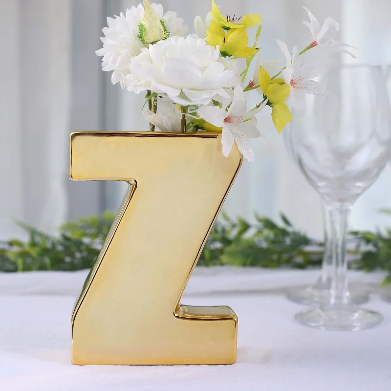 quirky deer figurine-Shiny Gold Plated Ceramic Letter "Z" Sculpture Flower Vase, Bud Planter Pot Table Centerpiece 6"