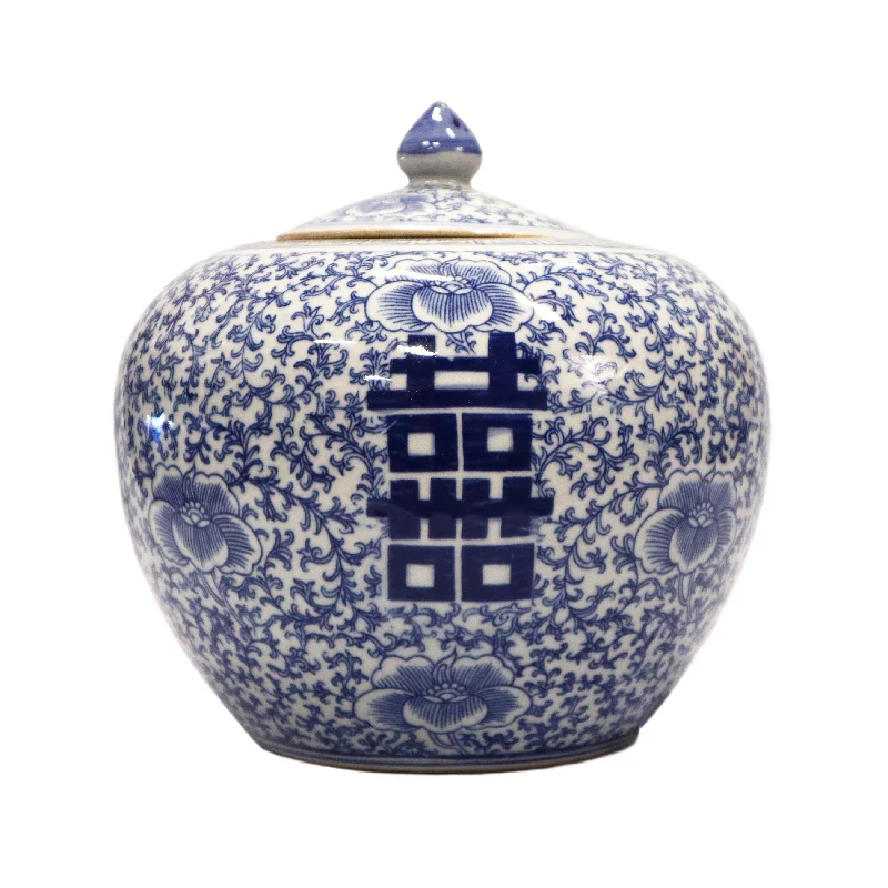 modern round wall art-Apple-Shaped Blue on White Double Happiness Jar with Lid