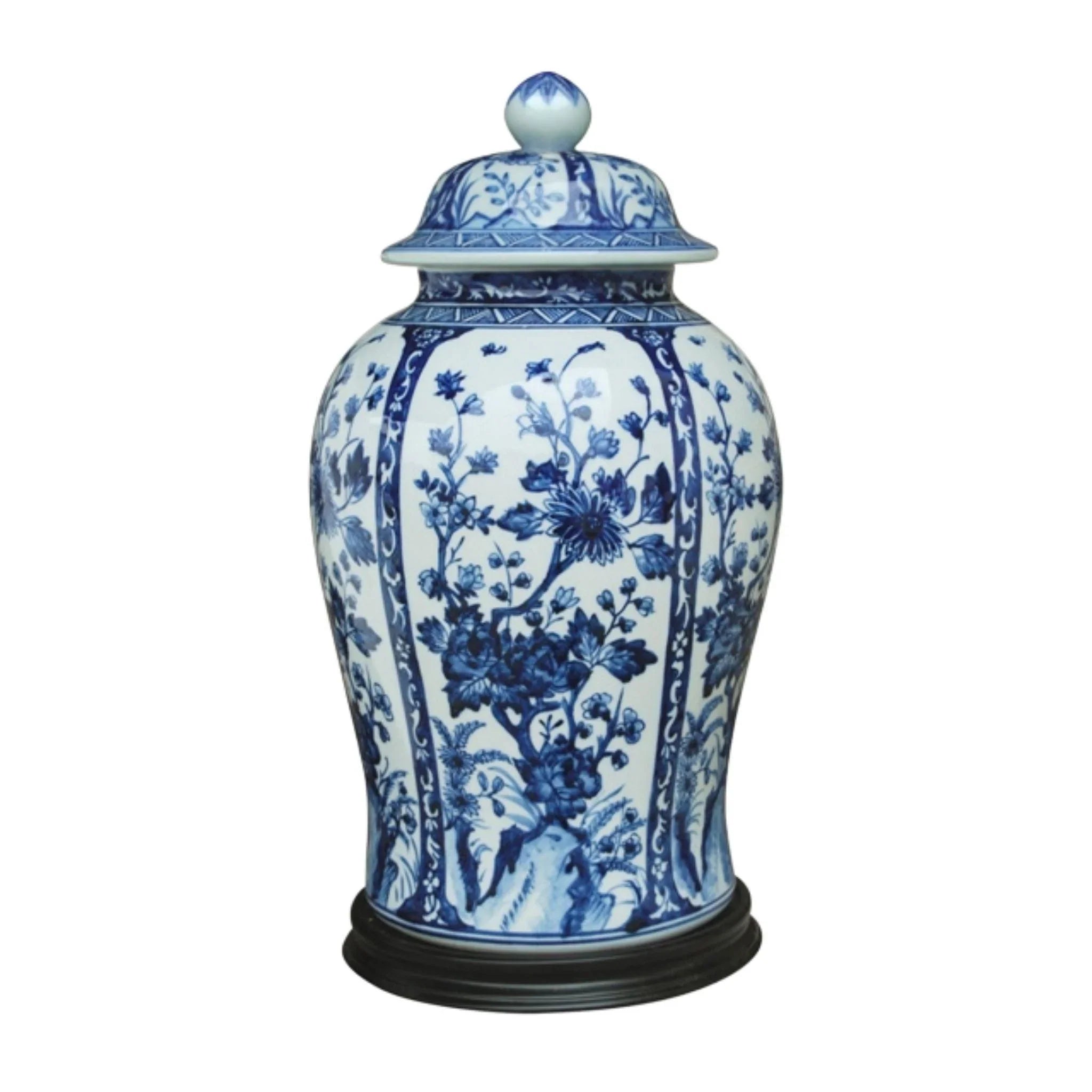 colorful floral wall tile-Blue and White Porcelain Chinoiserie Botanical Temple Jar with Black Base