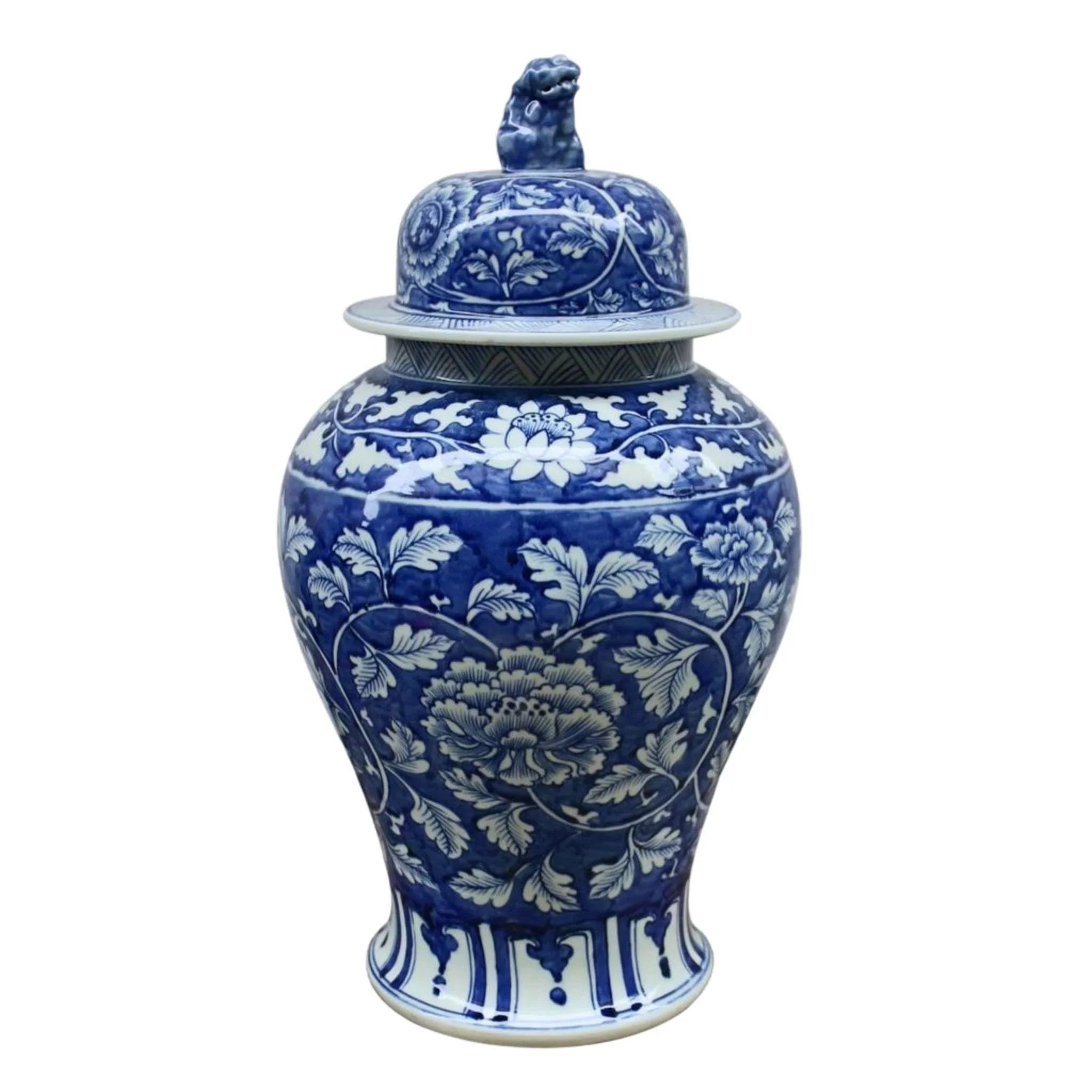 geometric metal coaster-Blue and White Porcelain Ginger Jar with Peony Design and Lion Lid