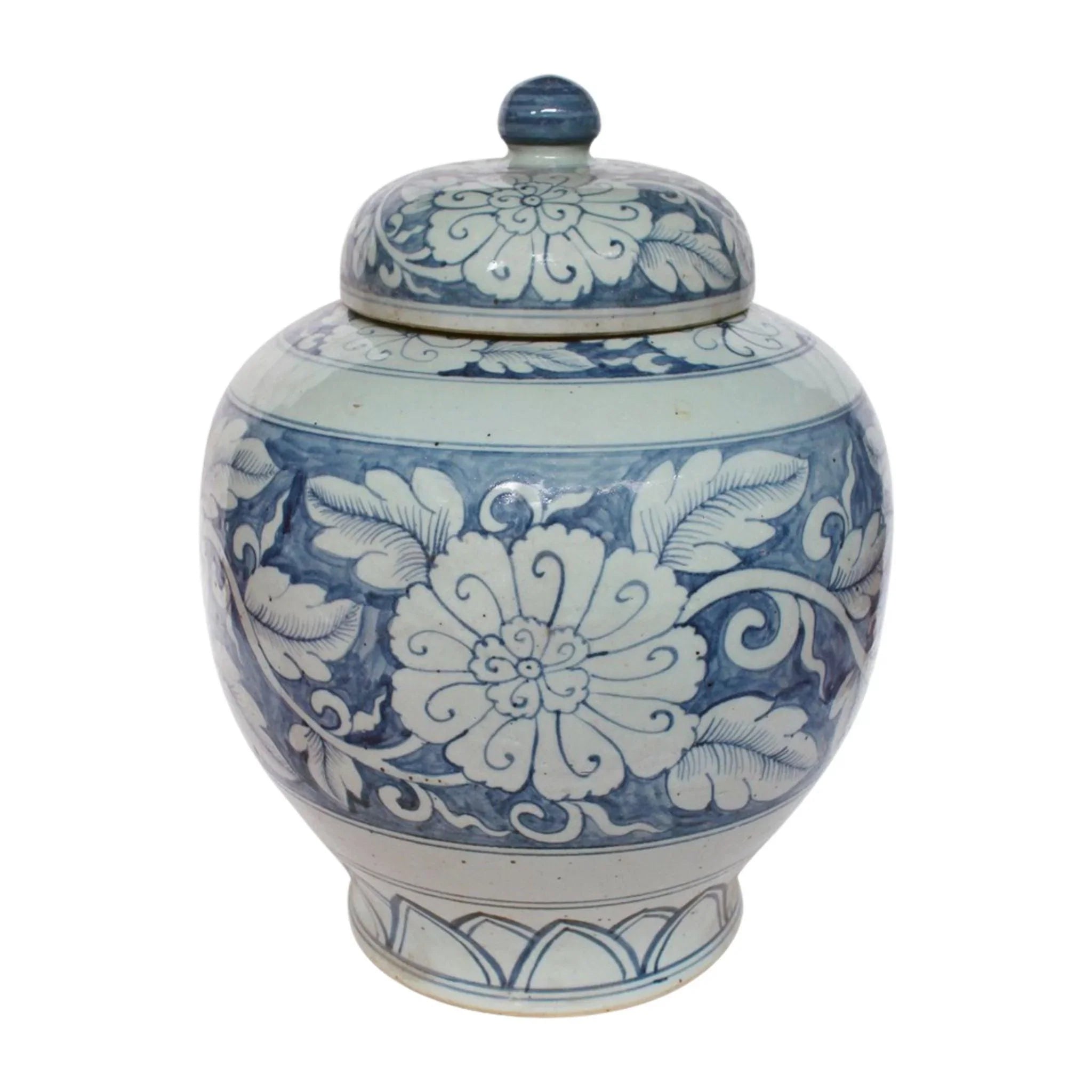 hand-painted clay planter-Blue and White Porcelain Lidded Peony Jar