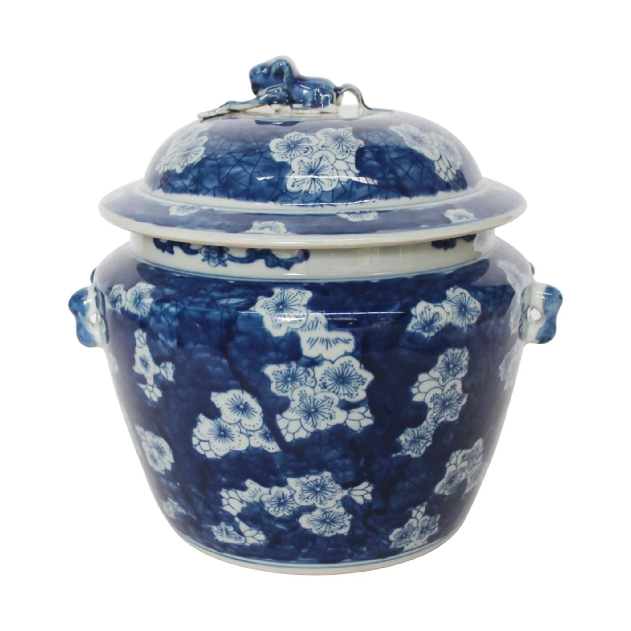 rustic pine wall shelf-Blue and White Porcelain Rice Jar With Floral Motif