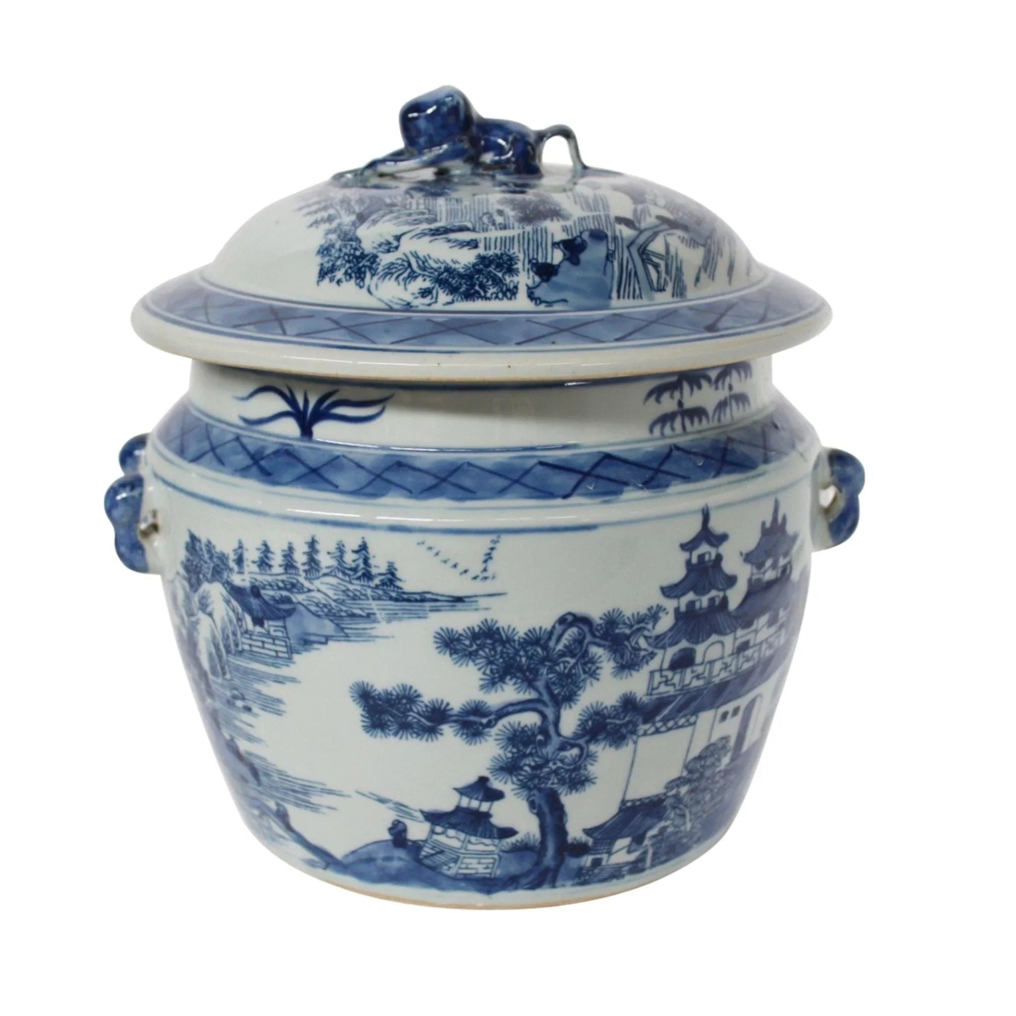 pastel woven planter-Blue Design Porcelain Lidded Rice Jar With Chinoiserie Landscape Motif