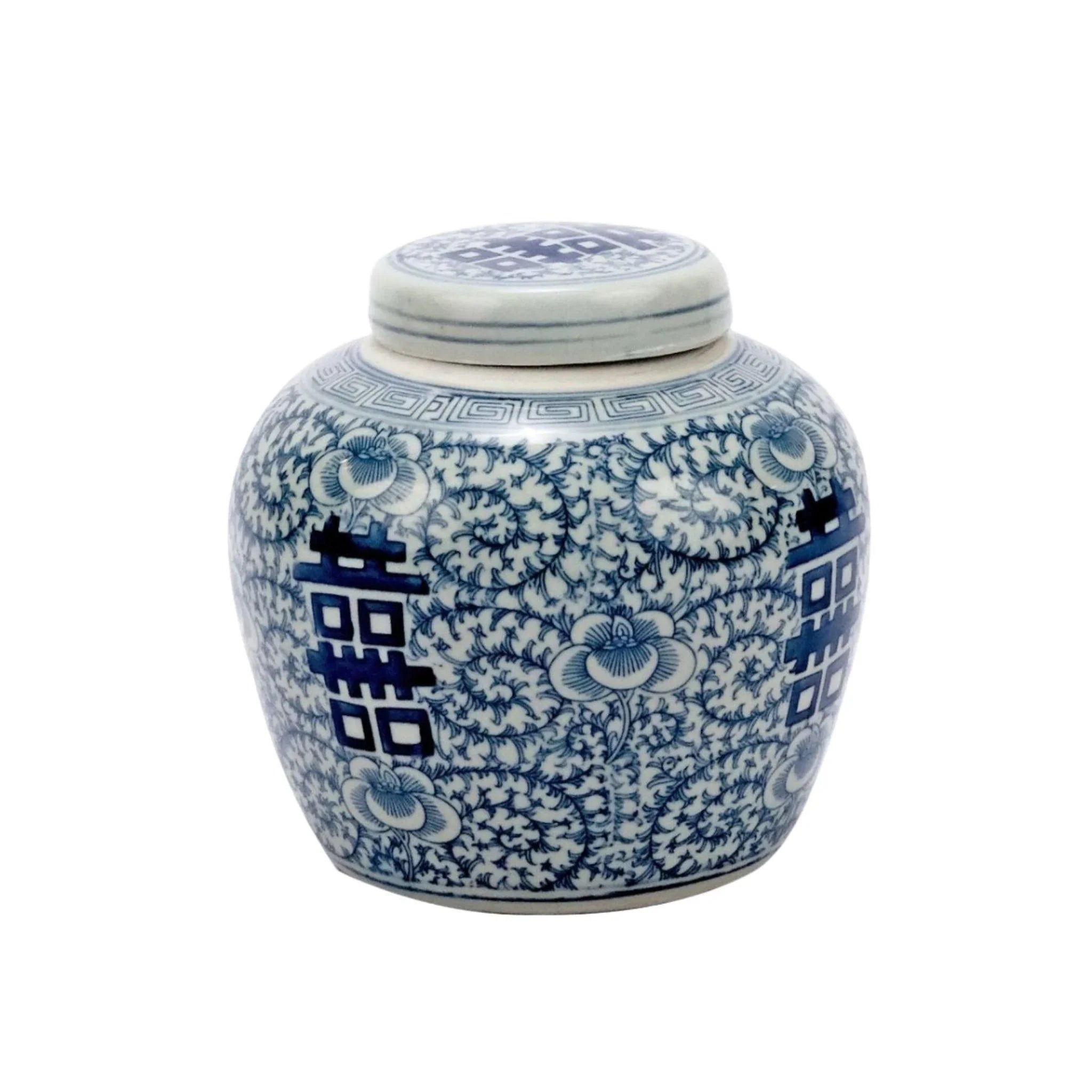 minimalist metal shelf-Blue & White Porcelain Double Happiness Floral Lidded Jar