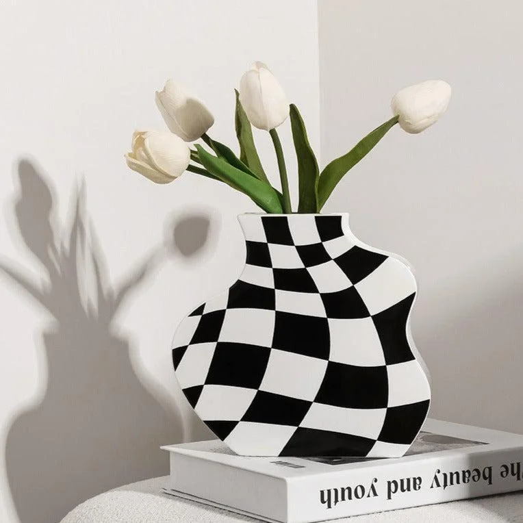 colorful floral cushion-Ceramic Checkered Flower Vase