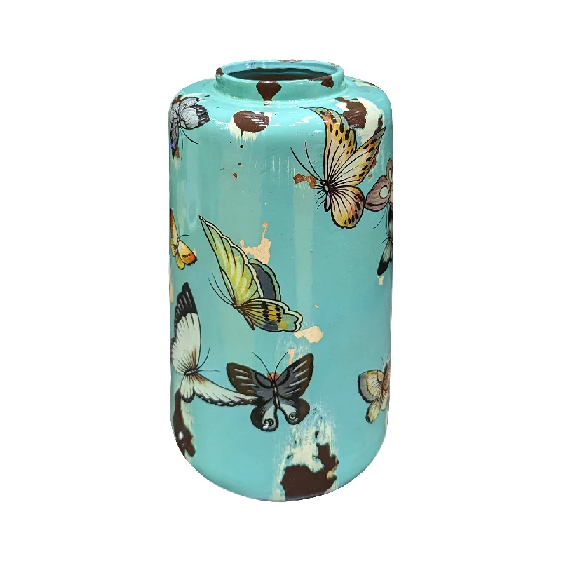 boho fringe curtain-Cylinder Vase with Butterflies - Blue