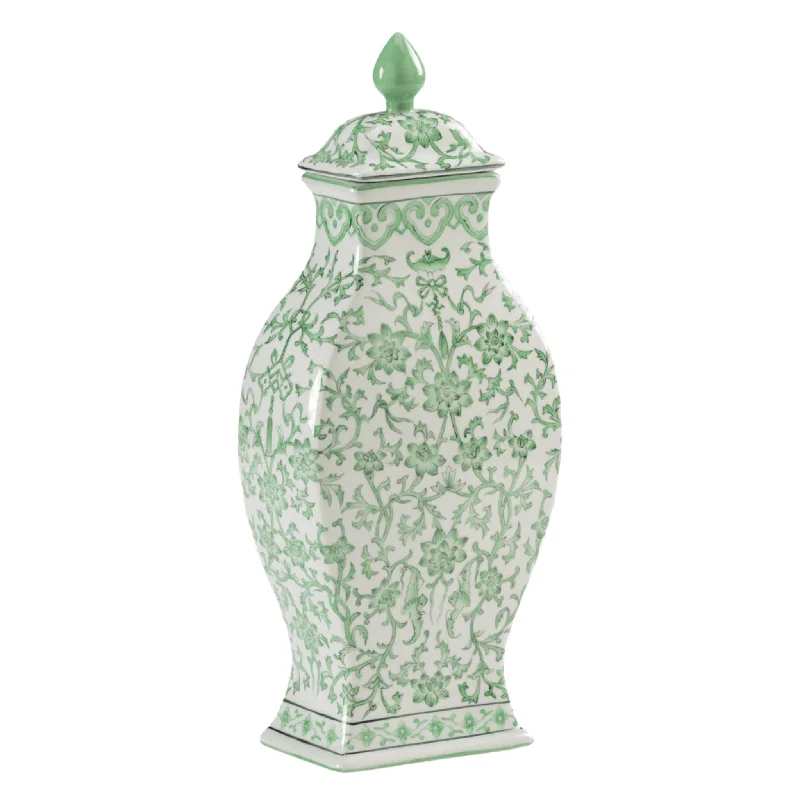 geometric wooden vase-Hand Painted Green and White Floral Porcelain Lidded Jar