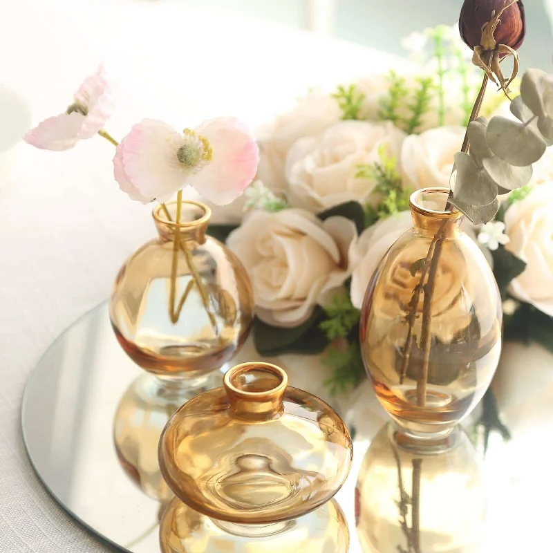 elegant gold desk clock-Set of 3 Small Gold Glass Bud Vase Table Centerpieces With Metallic Gold Rim, Modern Flower Vases - Assorted Sizes