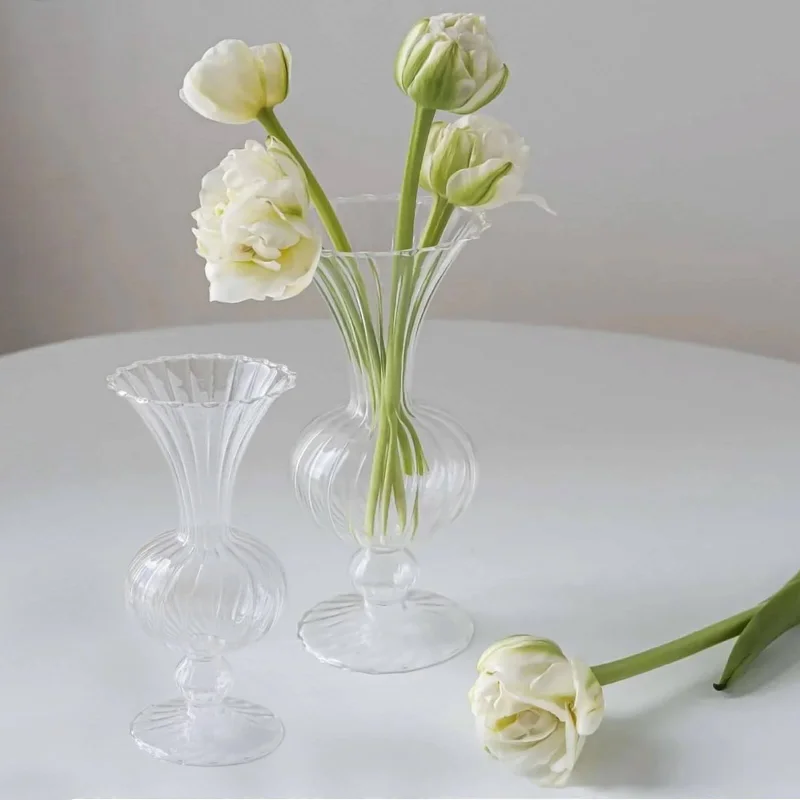 vintage tin candle holder-Set of 4 Clear Nordic Style Glass Flower Vases with Petals Texture, Vintage Transparent Bud Planter Vase Centerpiece Floral Arrangements - 7",9"