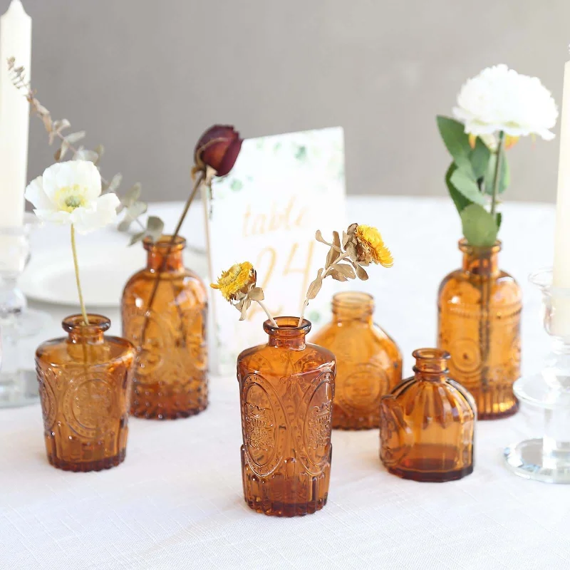 pastel jute storage basket-Set of 6 Vintage Embossed Amber Gold Glass Bud Vases, Decorative Apothecary Style Reed Diffuser Table Centerpieces