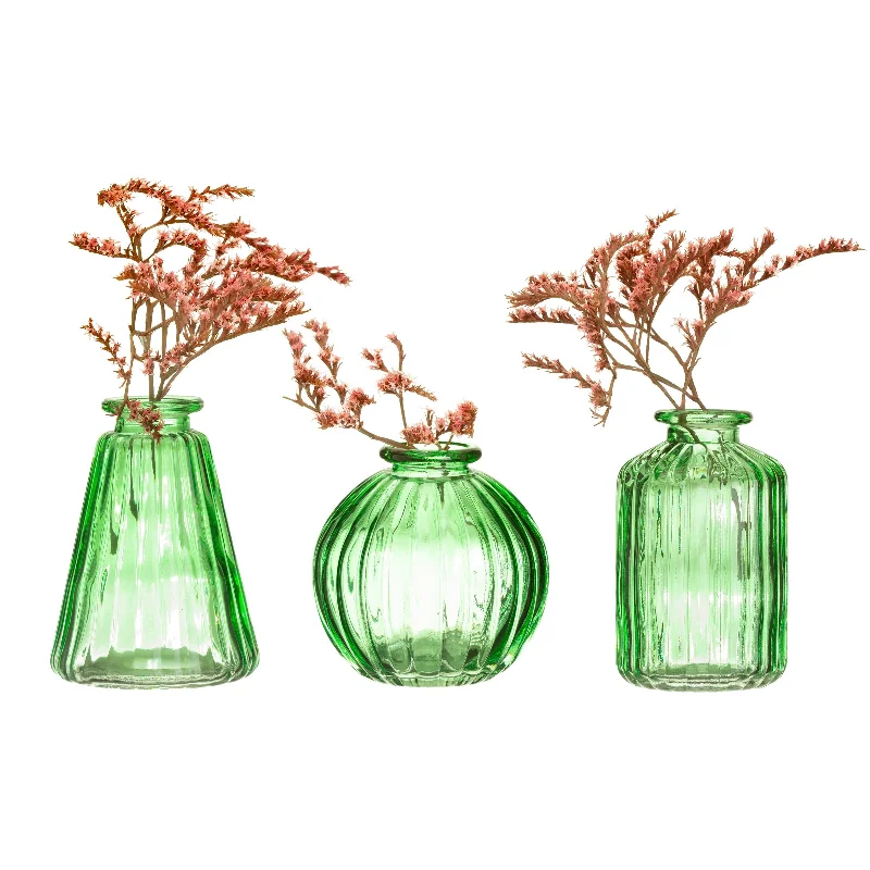 farmhouse wooden tray-Set of Three Green Glass Bud Vases