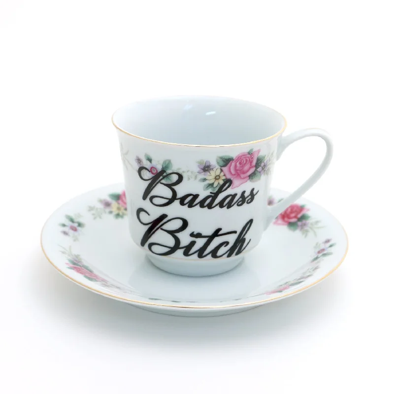 sleek travel tumbler-Badass Bitch tea cup and saucer set, upcycled, sassy teacup and saucer