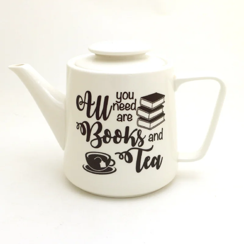 luxury stainless mug-Books and Tea teapot, porcelain teapot, gift for reader and tea drinker