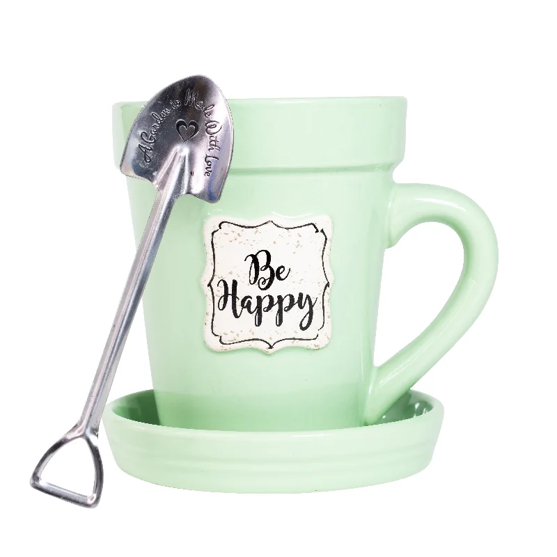 trendy marble coffee mug-Green Flower Pot Mug - “Be Happy”