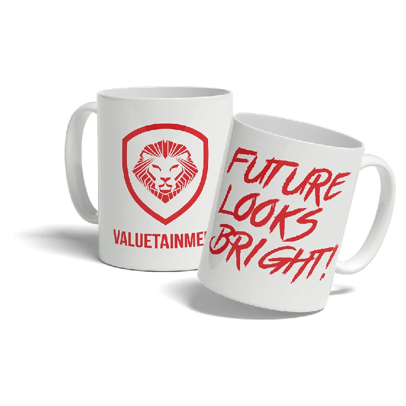 trendy geometric coffee cup-Future Looks Bright Red Lion Shield Valuetainment mug