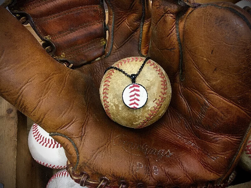 quirky travel tumbler-Jet Black Baseball Seam Pendant Necklace