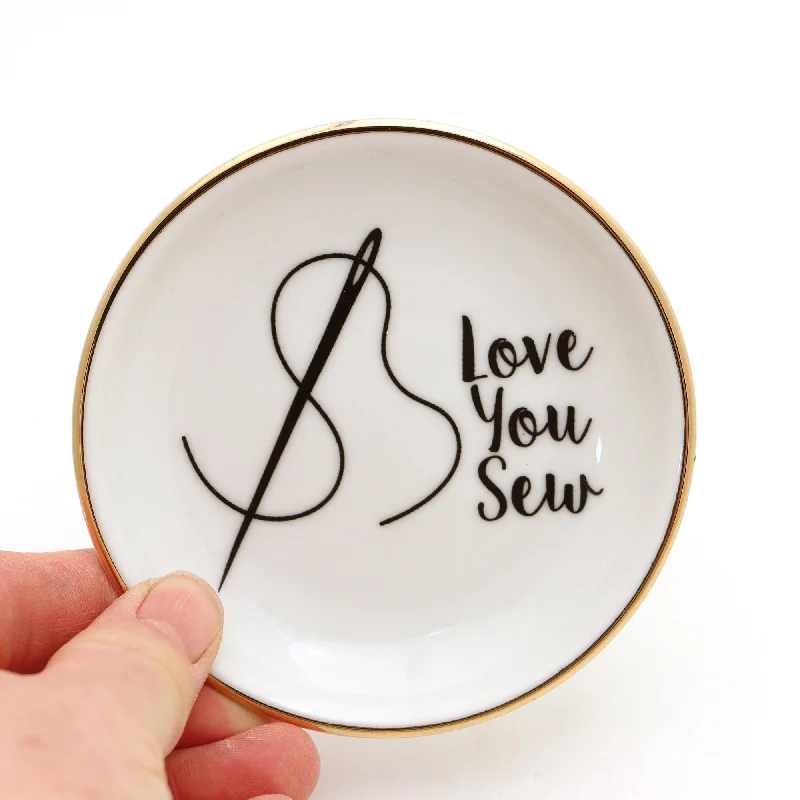 sleek acrylic tumbler-Love you Sew ring dish, pin holder, small dish with 22 K gold