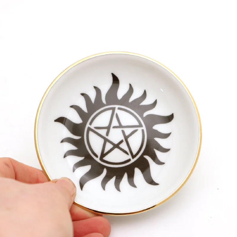 unbreakable stoneware tumbler-Pentagram ring dish, Wicca ring dish with 22 K gold