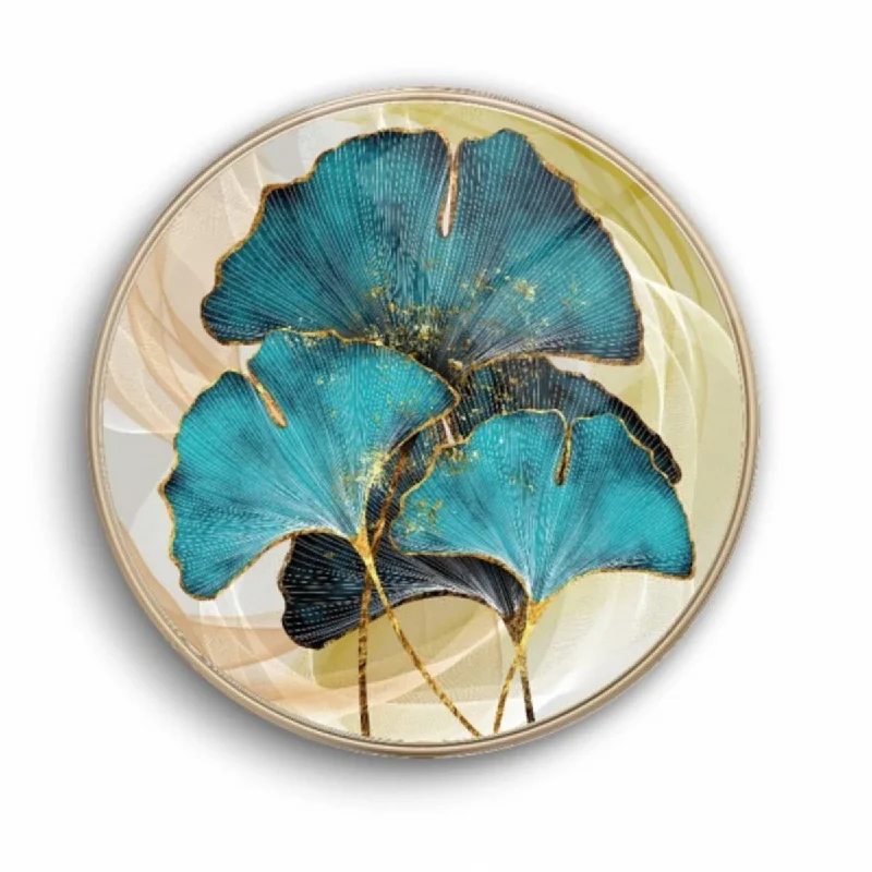 geometric metal coaster-Blue Leaf Rounded Glass Wall Art