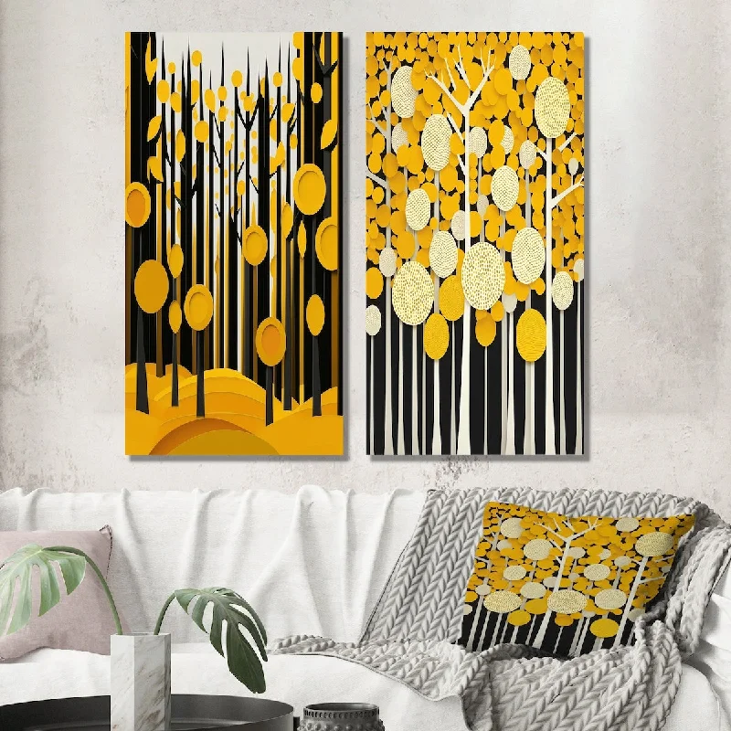 elegant brass chandelier-Designart "Abstract Yellow Forest Quill Minimalism" Landscape Wall Art Set of 2 - Traditional Wall Art For Home Decor