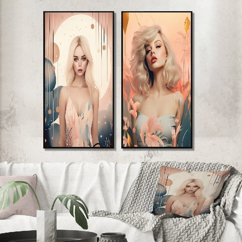 vintage brass wall art-Designart "Art Nouveau Full Moon Blonde" Woman Avant-Garde Framed Wall Art Set Of 2 Canvas Set For Living Room Decor