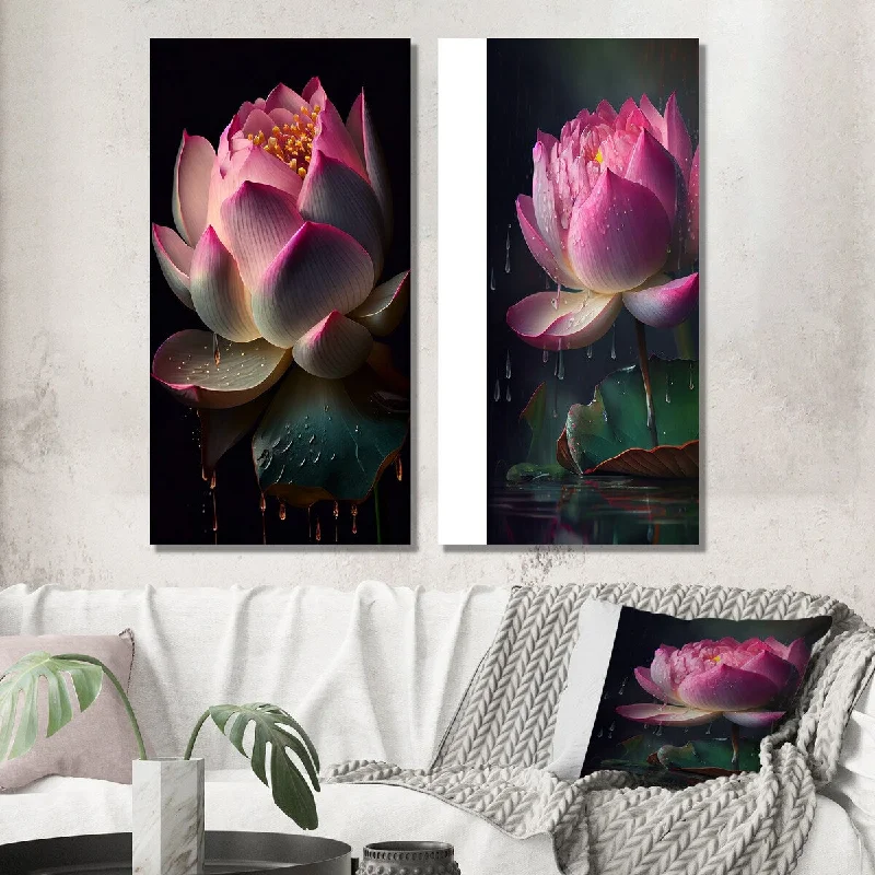 textured cotton throw-Designart "Beautiful Blossoming Pink Lotus I" Lotus Wall Art Set of 2 - Modern Wall Art For Home Decor