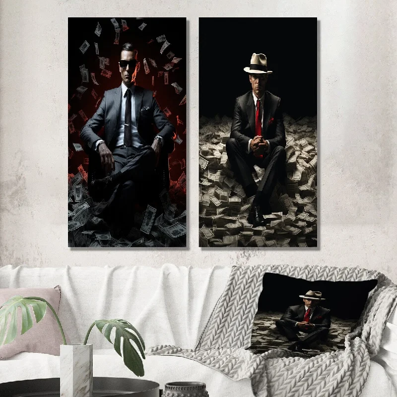 plush velvet cushion cover-Designart "Billionaire Man With Hat Abundance Of Money" Man Wall Art Set of 2 - Glam For Living Room Decor