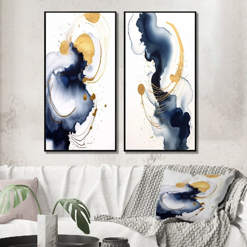 farmhouse burlap throw-Designart "Blissful Creation Minimal Blue Ink Cloud" Abstract Painting Framed Gallery Set For Office Decor