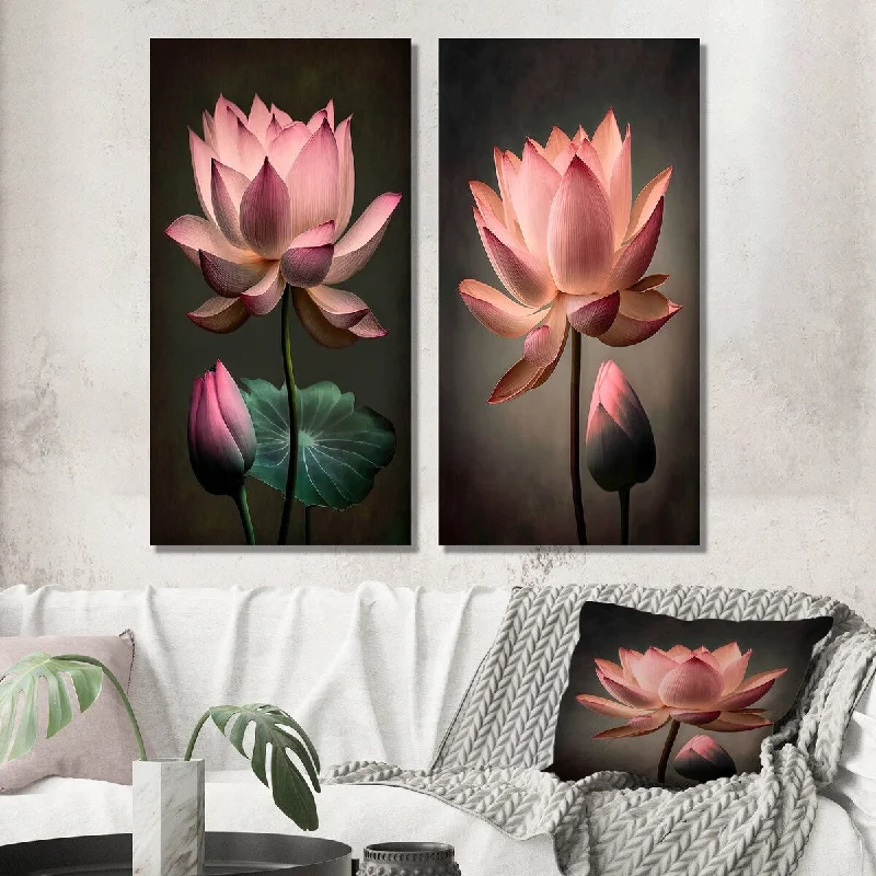 geometric wooden coaster-Designart "Blossoming Pink Vintage Lotus II" Floral Lotus Wall Art Set of 2 - Modern Wall Art For Bedroom