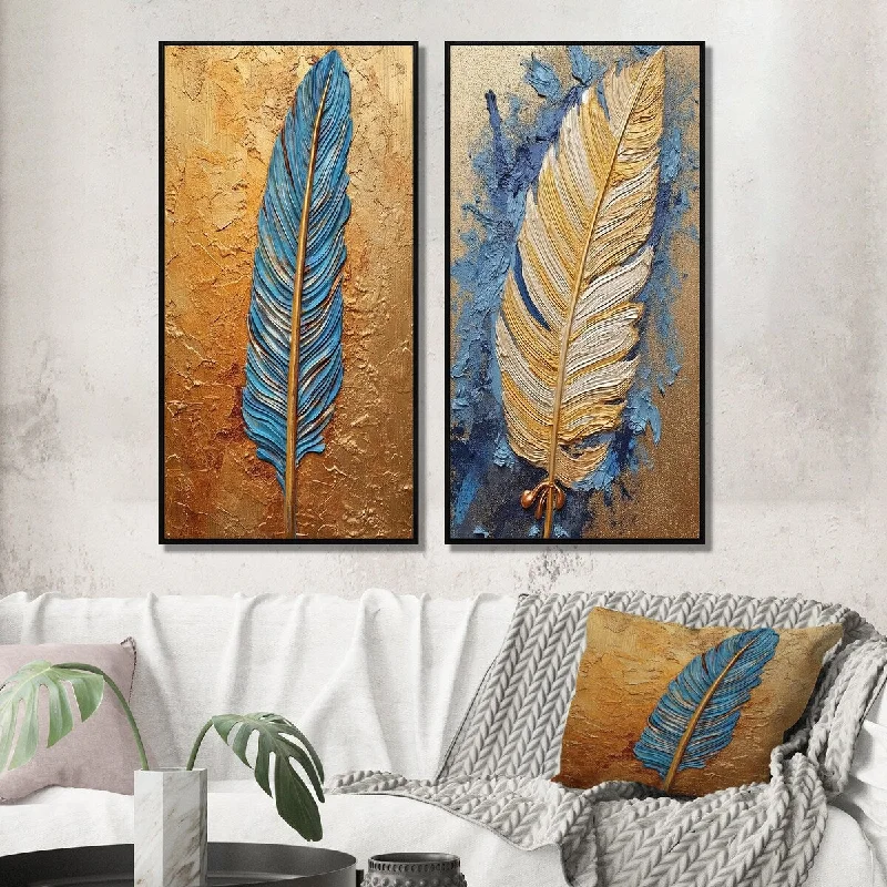 colorful abstract canvas art-Designart "Boho Glam Exquisite Gold On Blue Feather PaintingI" Feathers Framed Gallery Set For Office Decor