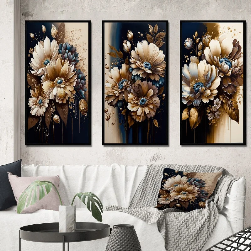 farmhouse burlap throw-Designart "Brown Daisy Bunch I" Floral & Botanical Framed Wall Art Set Of 3 - Traditional Gallery Set For Office Decor