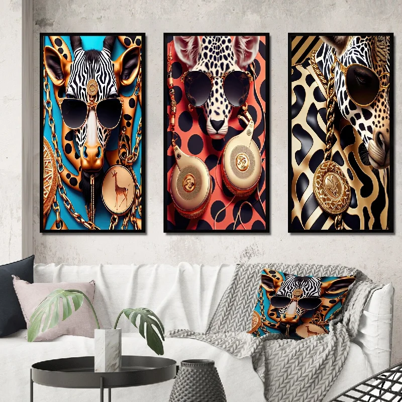 plush silk pillow cover-Designart "Celebrity Fashion Girafe II" Fashion Framed Wall Art Set Of 3 - Glam Frame Gallery Set For Office Decor