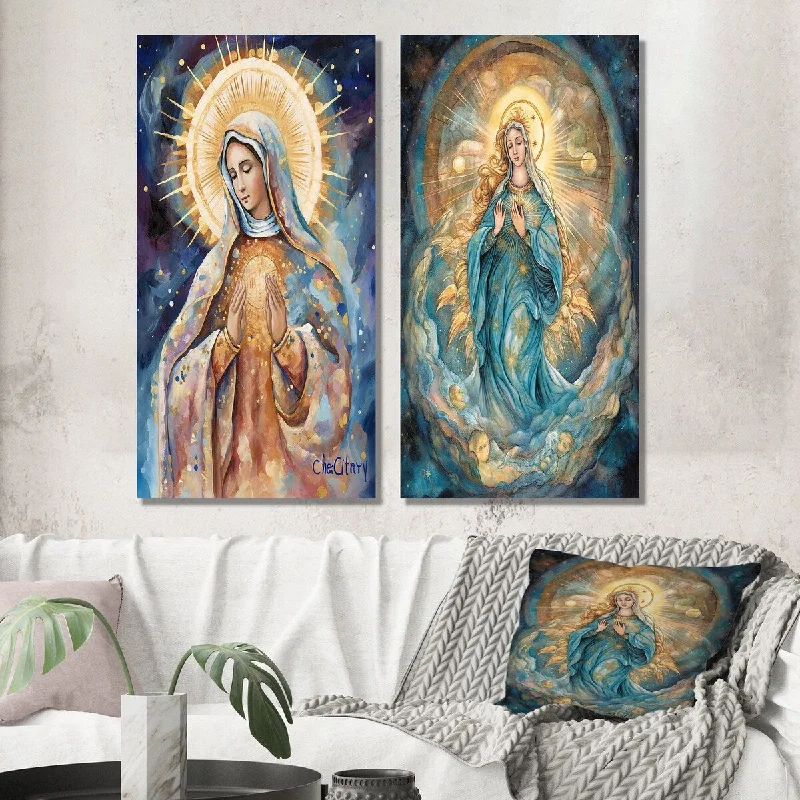 rustic pine tray-Designart "Celestial Holy Mary I" Christianism Wall Art Set of 2 - Traditional Wall Art For Bedroom