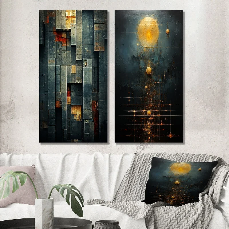 retro bronze plant stand-Designart "City Blue Retro Minimalism" Modern Geometric Wall Art Set of 2 - Modern Print Art For Living Room Decor