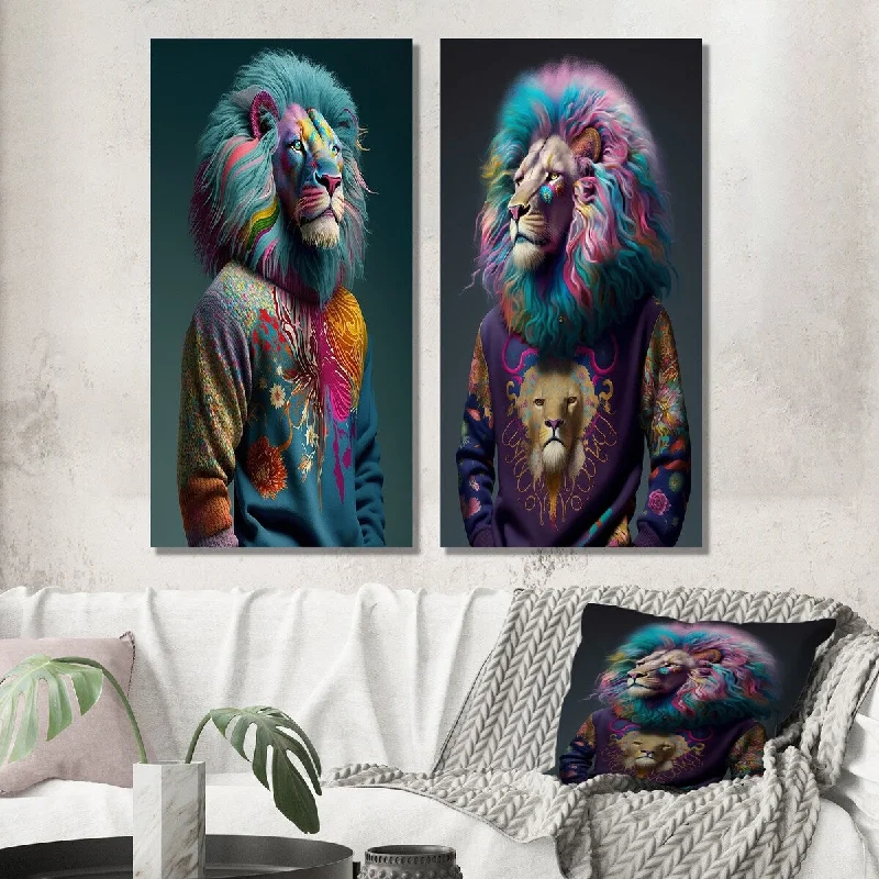 rustic pine wall clock-Designart "Cool Lion With Flamboyant Sweater I" Animals Lion Wall Art Set of 2 - Children's Art For Office Decor