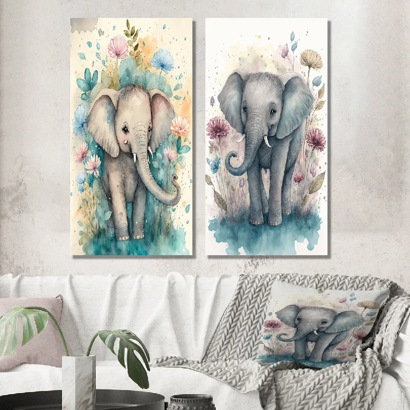 Designart "Cute Little Baby Elephant In The Flowers I" Animal Wall Art Set of 2 - Children's Art For Living Room Decor