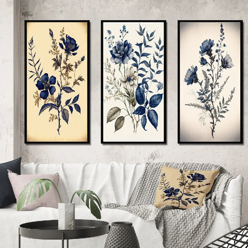 geometric brass sculpture-Designart "Dark Indigo Flower In Retro Colors I" Floral Framed Wall Art Set Of 3 - Traditional For Home Decor