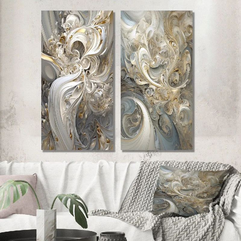 farmhouse wooden lantern-Designart "Fractal Whirl In Retro Gold And White I" Fractals Wall Art Set of 2 Transitional Gallery Set For Office Decor