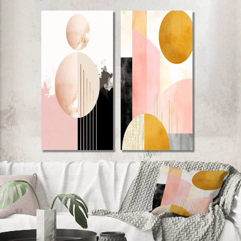 quirky owl sculpture-Designart "Full Moon Bloom Retro Geometry Pink Gold I" Modern Geometric Wall Art Set of 2 - Modern Living Room Decor