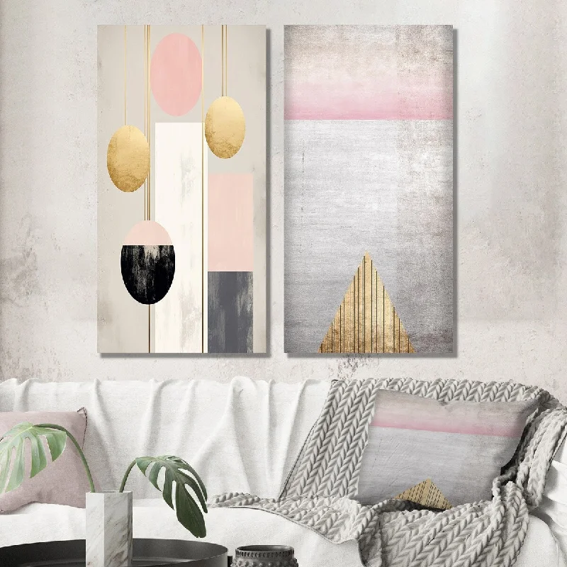 elegant crystal sconce-Designart "Full Moon Bloom Retro Geometry Pink Gold VIII" Modern Wall Art Set of 2 - Modern For Living Room Decor