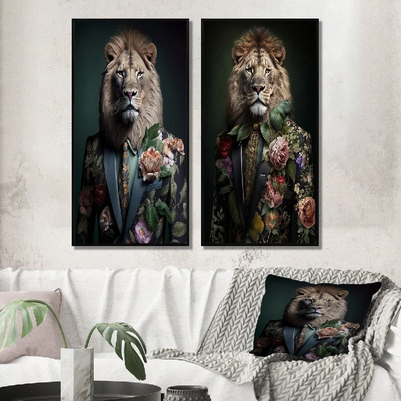 industrial pipe vase-Designart "Glamorous Fashion Lion With Flower Suit I" Animals Framed Wall Art Set Of 2 Canvas Set For Living Room Decor