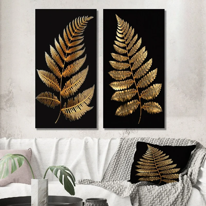 artisan macrame planter-Designart "Golden Fern On Black I" Floral Ferns Wall Art Set of 2 - Modern Gallery Wall Set For Living Room Decor