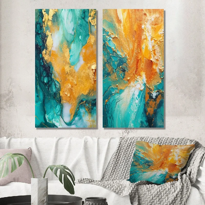 modern square mirror-Designart "Golden Ocean Waves Turquoise Abstract III" Abstract Wall Art Set of 2 - Modern For Living Room Decor