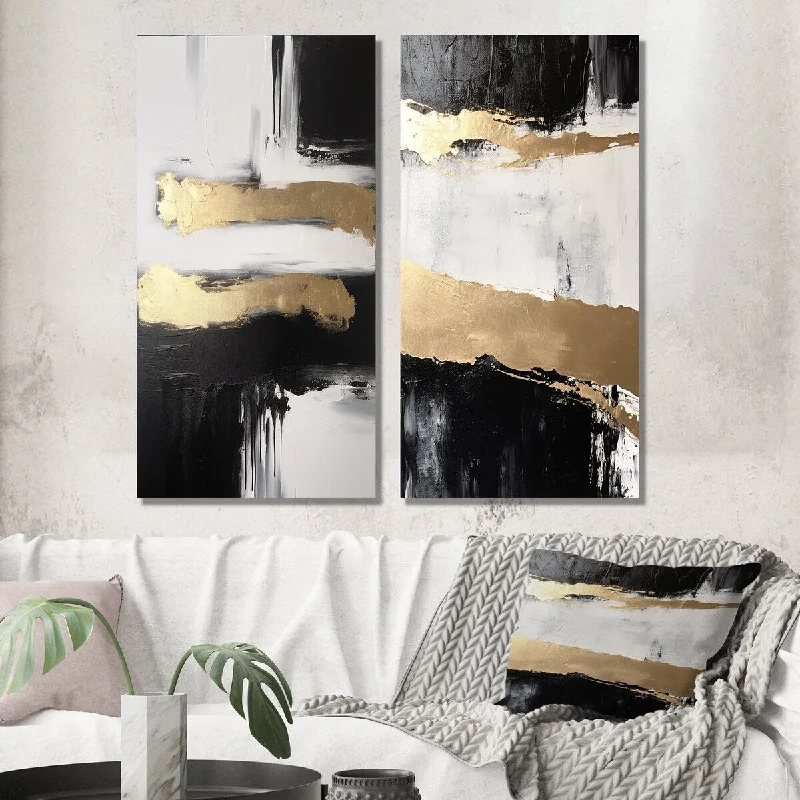 Scandinavian wool throw-Designart "Horizontal Dimensions Abstract Gold Black V" Abstract Painting Wall Art Set of 2 Modern Wall Art For Bedroom