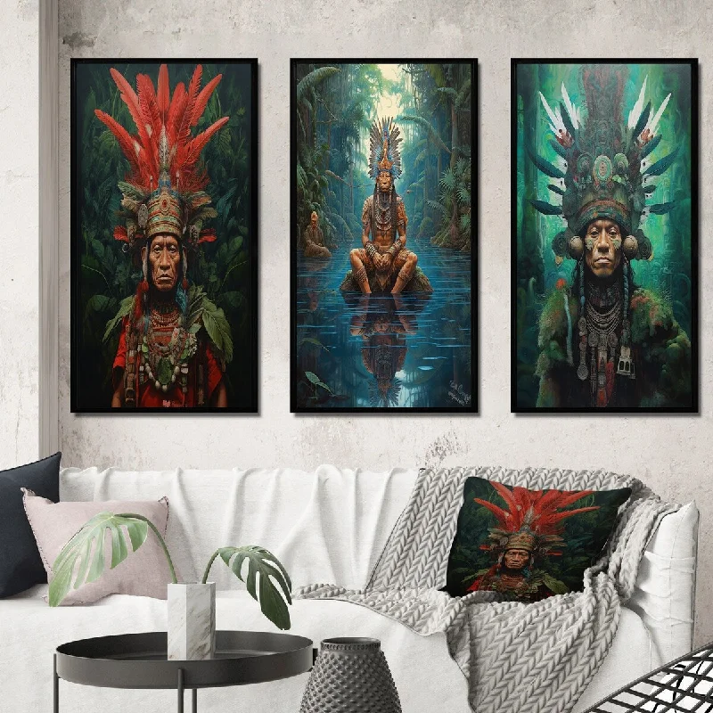 modern oval wall art-Designart "Indigenous Shaman Amazon Feather Headdress I" Folk Religion Frame Gallery Set Of 3 For Office Decor